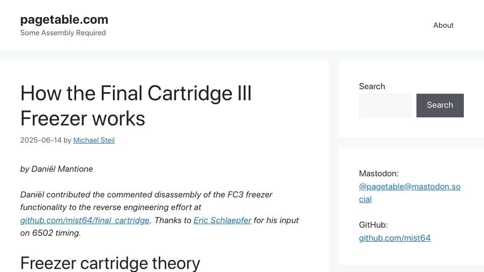 Screenshot of pagetable.com: How the Final Cartridge III Freezer Works