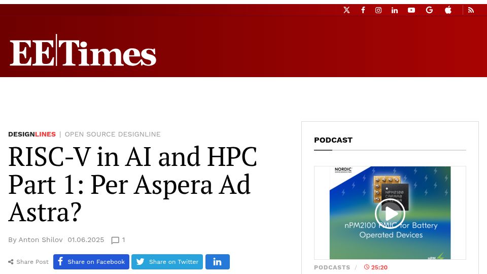 Screenshot of eetimes.com: RISC-V in AI and HPC Part 1: Per Aspera Ad Astra?