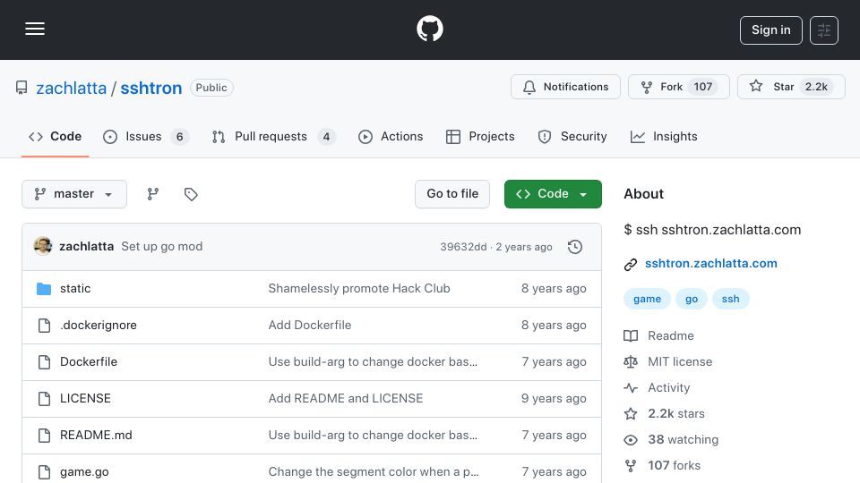 Screenshot of github.com: SSHTron: A multiplayer lightcycle game that runs through SSH