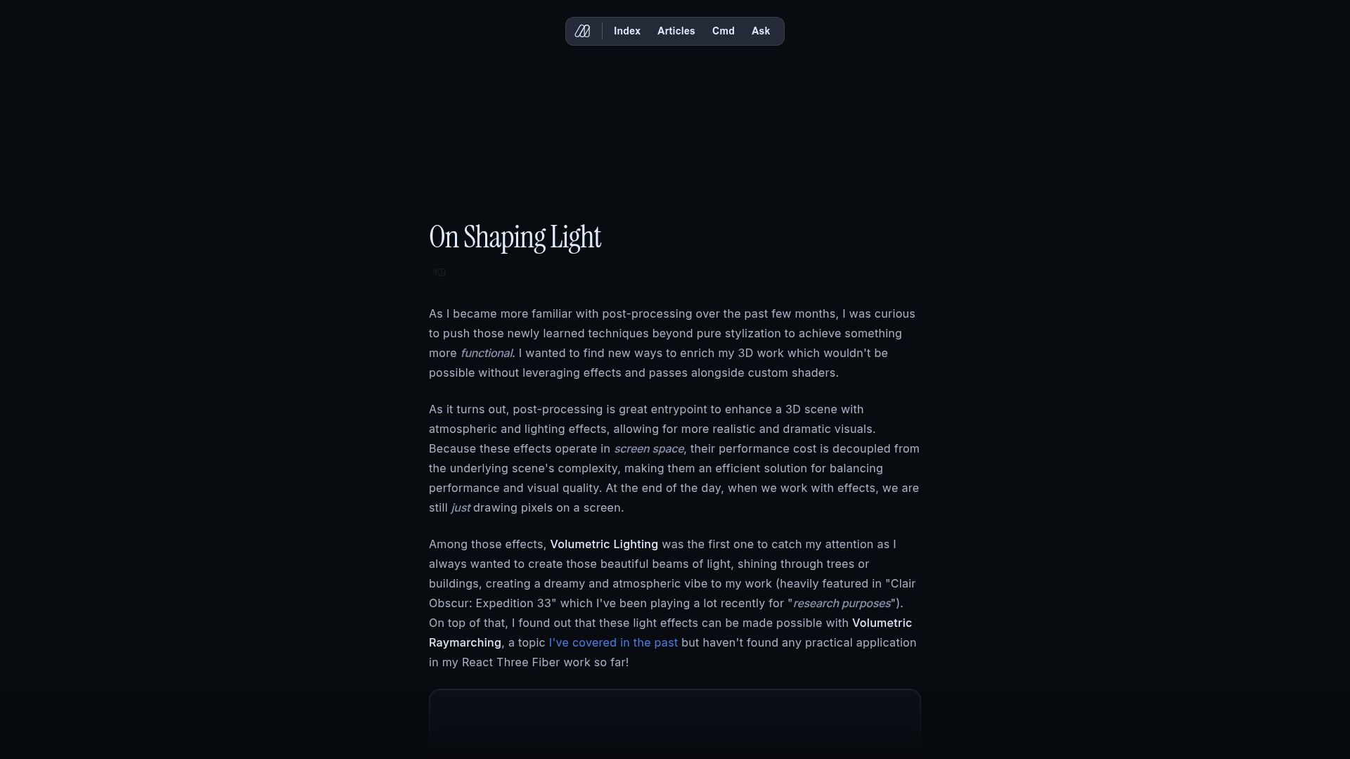 Screenshot of blog.maximeheckel.com: Shaping Light – Volumetric Lighting