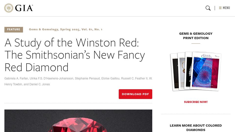 Screenshot of gia.edu: A Study of the Winston Red: The Smithsonian's New Fancy Red Diamond