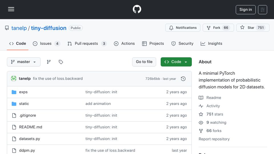 Screenshot of github.com: Tiny-diffusion: A minimal implementation of probabilistic diffusion models