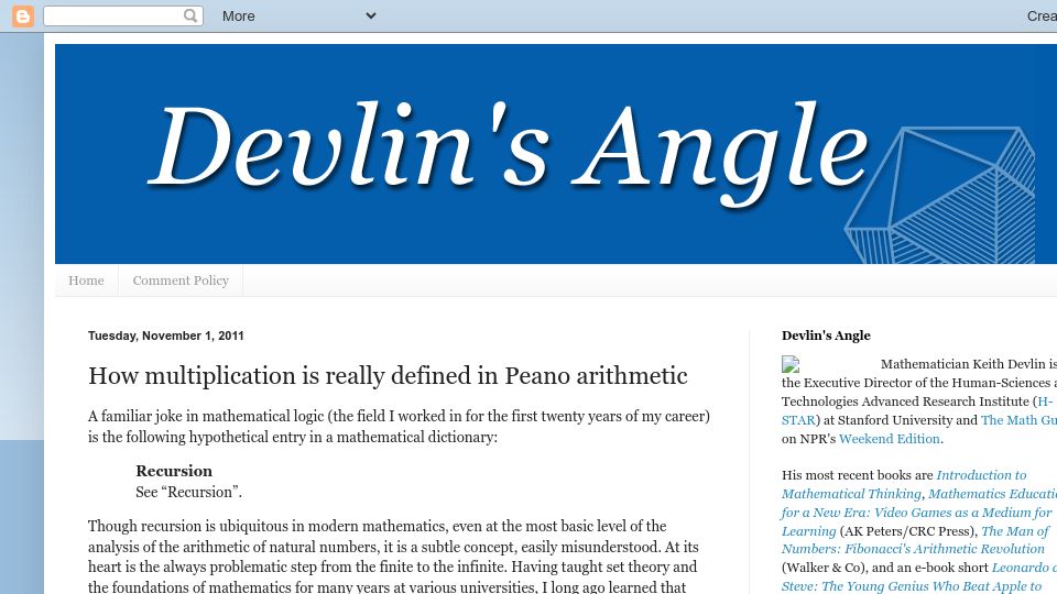 Screenshot of devlinsangle.blogspot.com: How multiplication is defined in Peano arithmetic