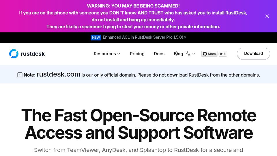 Screenshot of rustdesk.com: RustDesk: The Fast Open-Source Remote Access and Support Software