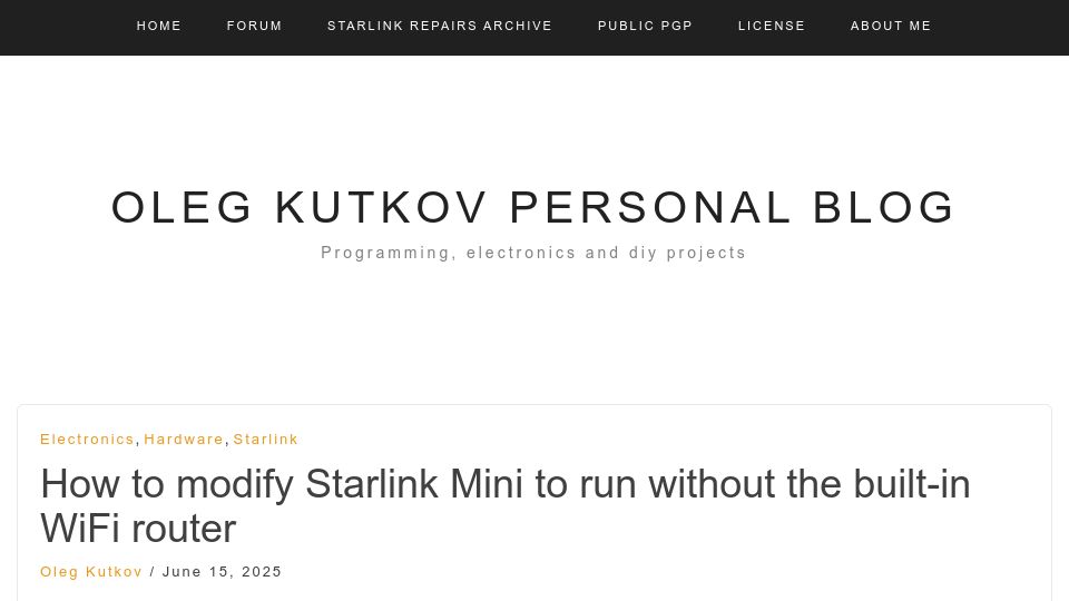 Screenshot of olegkutkov.me: How to modify Starlink Mini to run without the built-in WiFi router