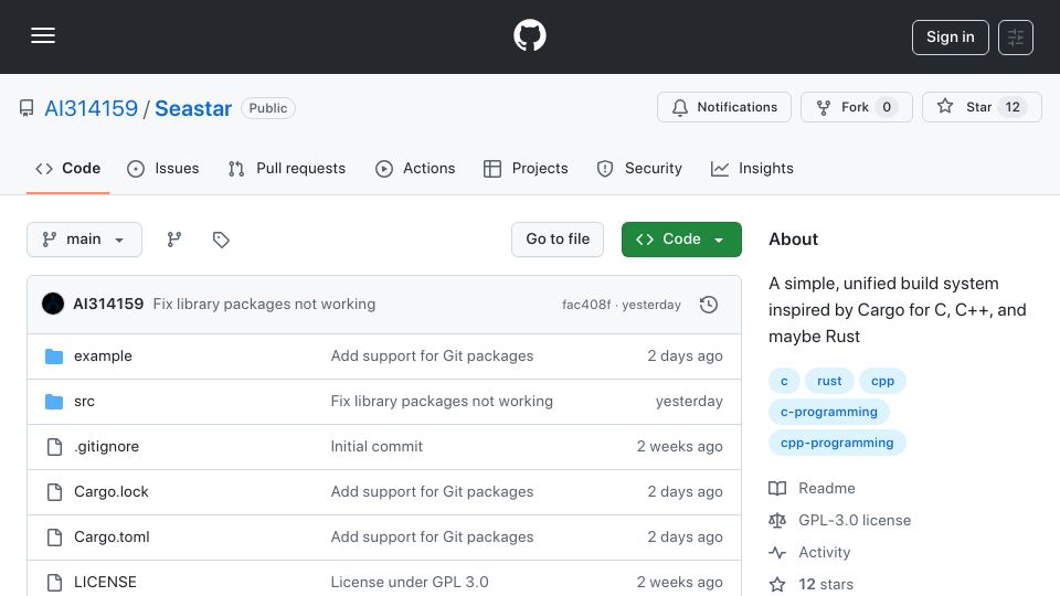 Screenshot of github.com: Show HN: Seastar – Build and dependency manager for C/C++ with Cargo's features