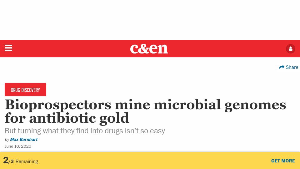 Screenshot of cen.acs.org: Bioprospectors mine microbial genomes for antibiotic gold