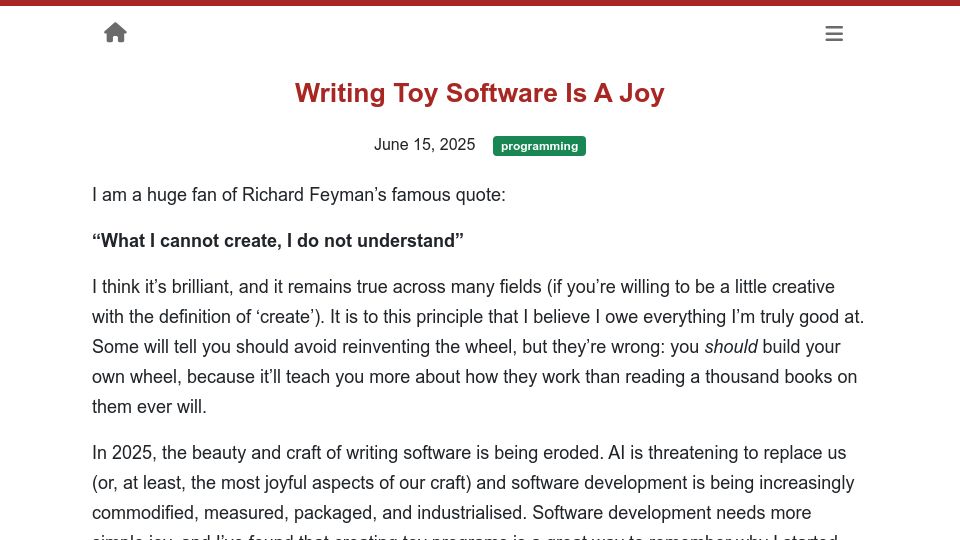 Screenshot of jsbarretto.com: Writing Toy Software Is a Joy