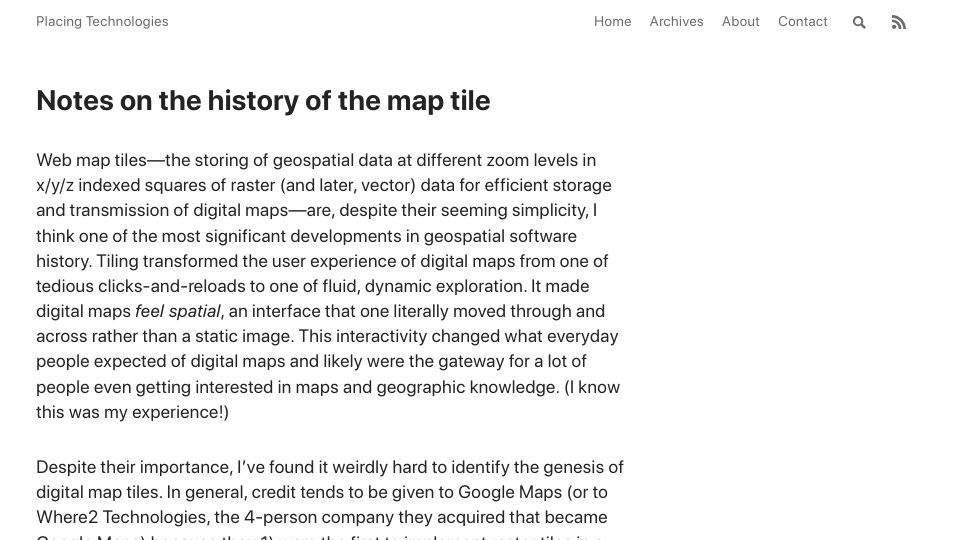 Screenshot of placing.technology: Notes on the History of the Map Tile