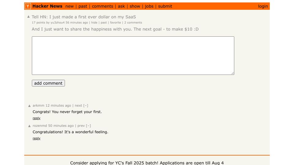 Screenshot of Hacker News post: Tell HN: I just made a first ever dollar on my SaaS