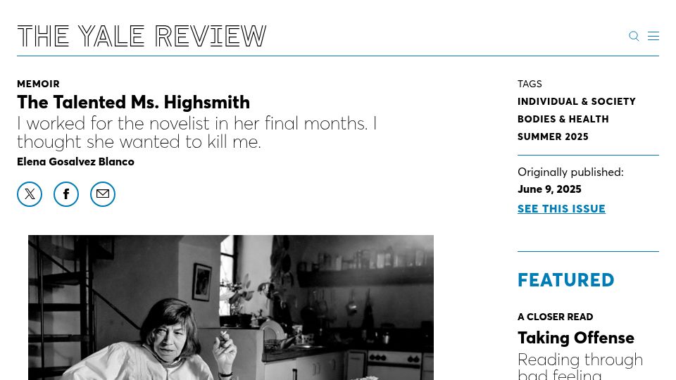 Screenshot of yalereview.org: The Talented Ms. Highsmith