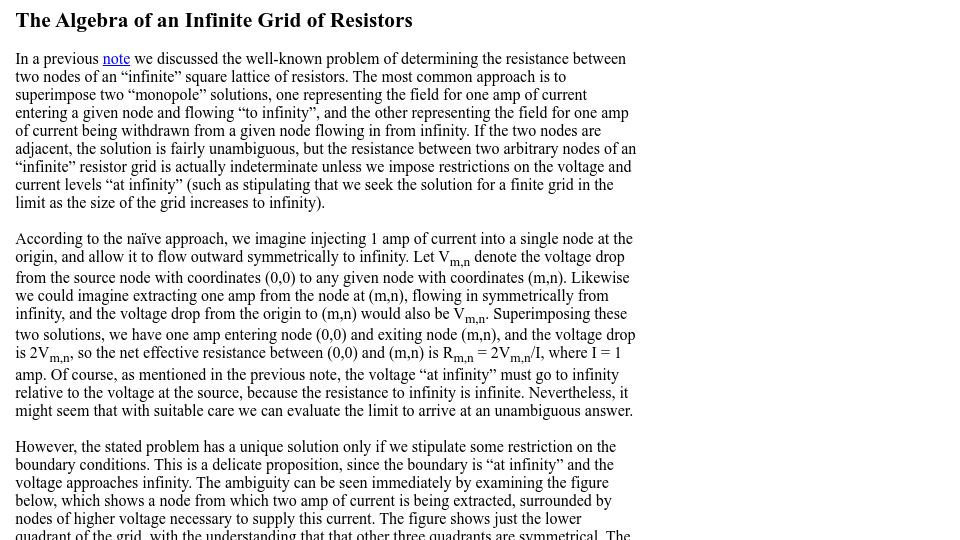 Screenshot of mathpages.com: The Algebra of an Infinite Grid of Resistors