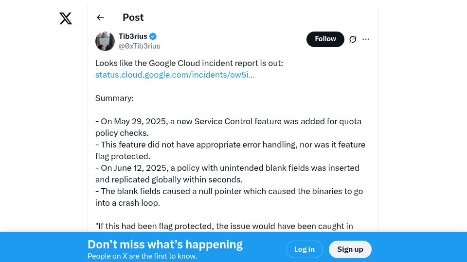 Screenshot of twitter.com: Root Cause of the June 12, 2025 Google Cloud Outage