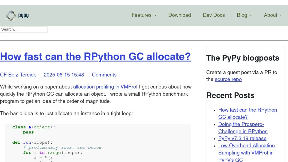 Screenshot of pypy.org: How fast can the RPython GC allocate?