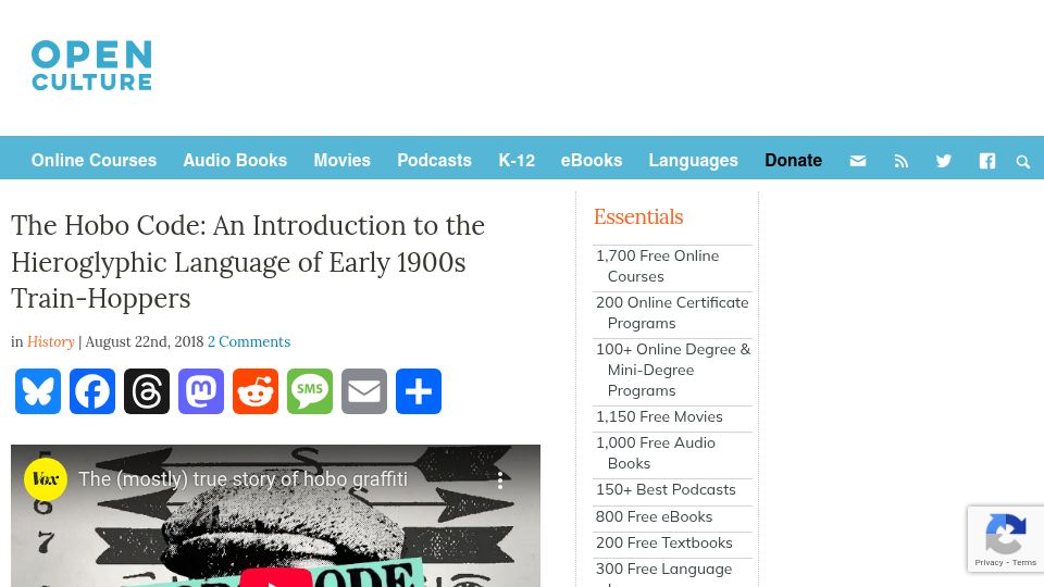 Screenshot of openculture.com: An Introduction to the Hieroglyphic Language of Early 1900s Train-Hoppers