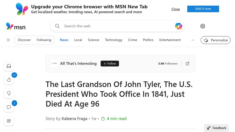 Screenshot of msn.com: Grandson of John Tyler, 10th President of the US, Died Last Month at Age 96