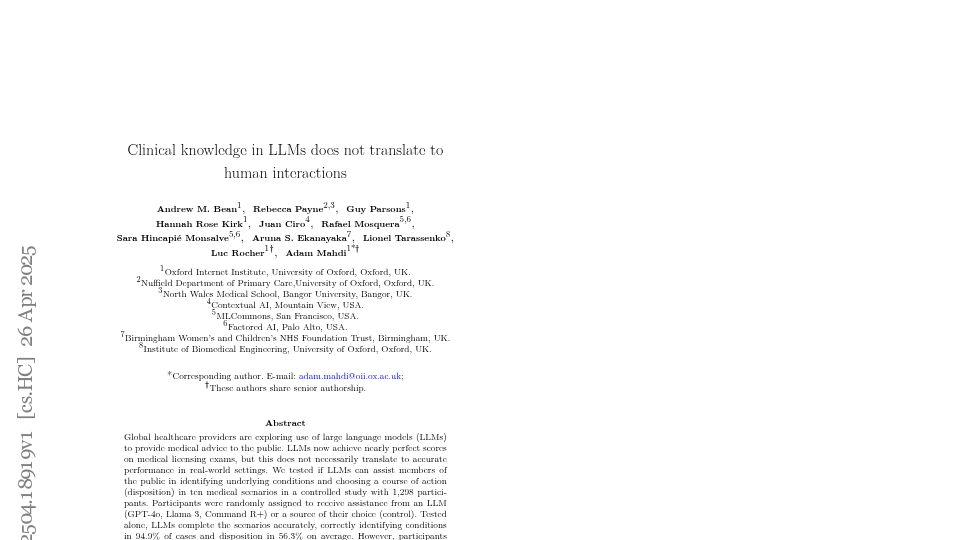 Screenshot of arxiv.org: Clinical knowledge in LLMs does not translate to human interactions