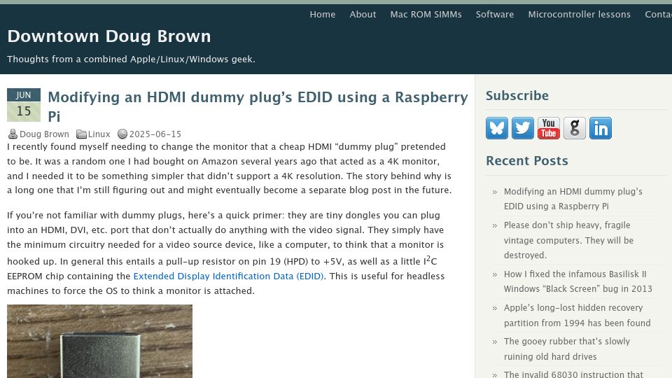 Screenshot of downtowndougbrown.com: Modifying an HDMI dummy plug's EDID using a Raspberry Pi