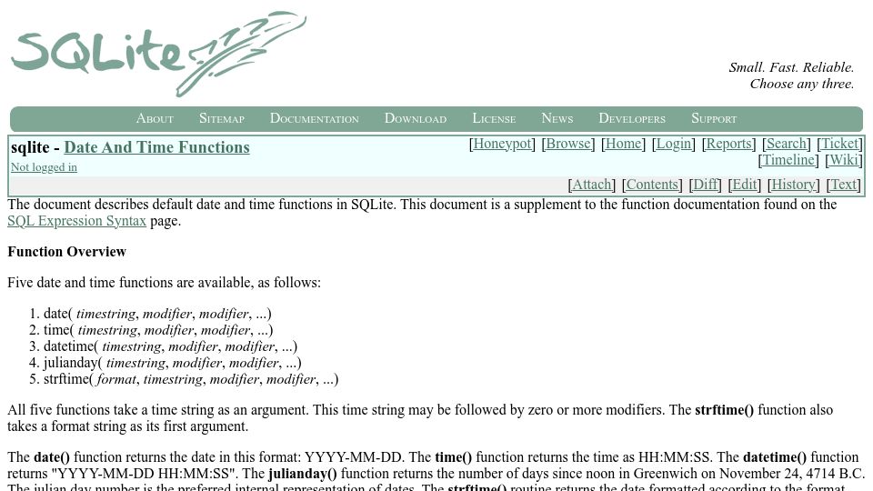 Screenshot of www2.sqlite.org: SQLite Date and Time Functions (2007)
