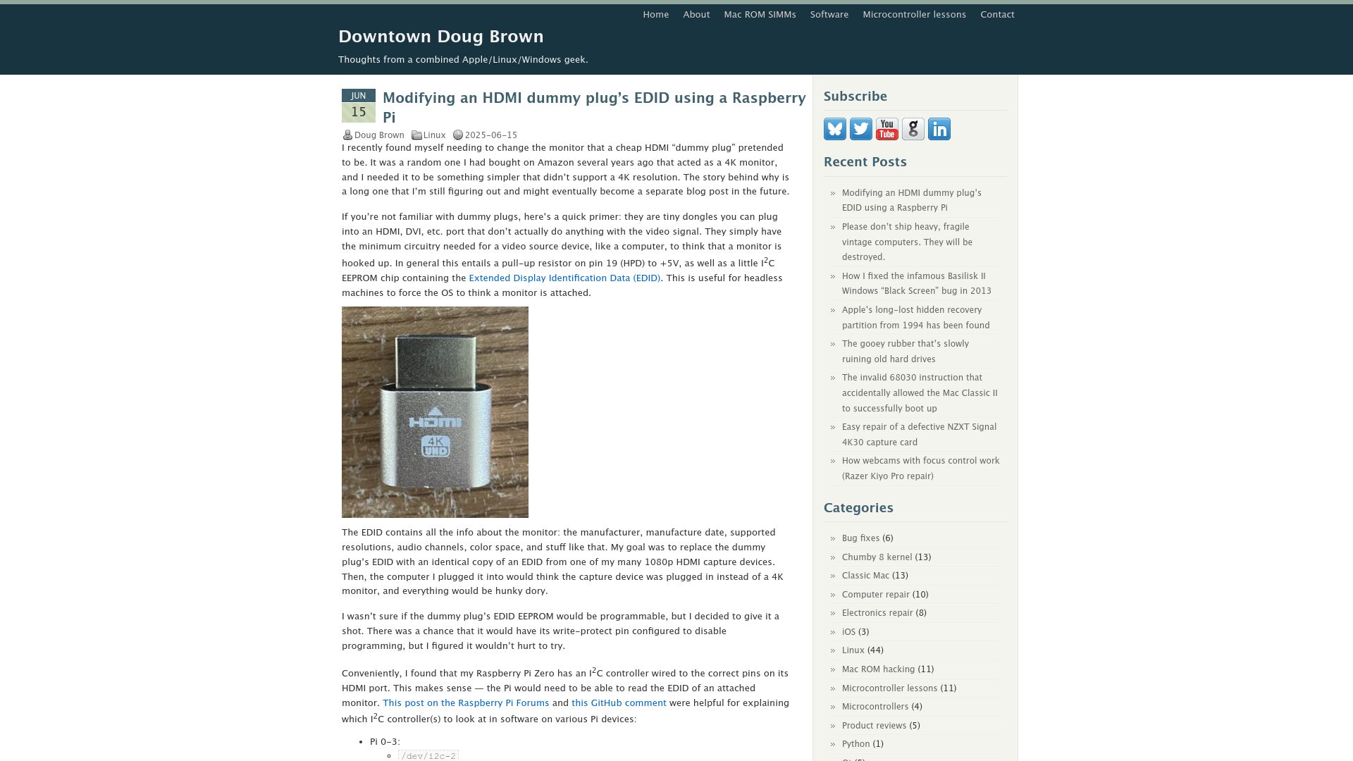 Screenshot of downtowndougbrown.com: Modifying an HDMI dummy plug's EDID using a Raspberry Pi