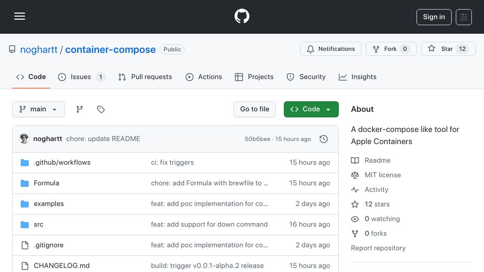 Screenshot of github.com: Show HN: Container-compose – A Docker-compose like tool for Apple containers