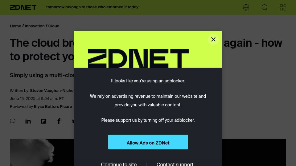 Screenshot of zdnet.com: Cloud outage knocks out internet services across the globe