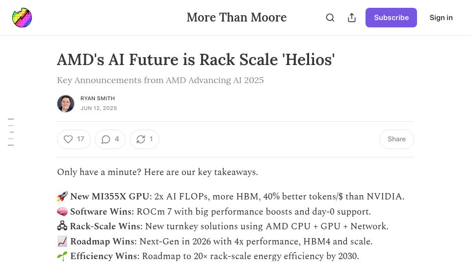 Screenshot of morethanmoore.substack.com: AMD's AI Future Is Rack Scale 'Helios'