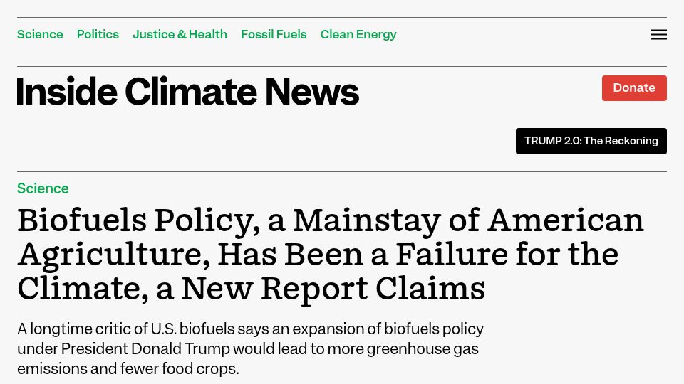 Screenshot of insideclimatenews.org: Biofuels Policy, a Mainstay of American Agriculture, a Failure for the Climate