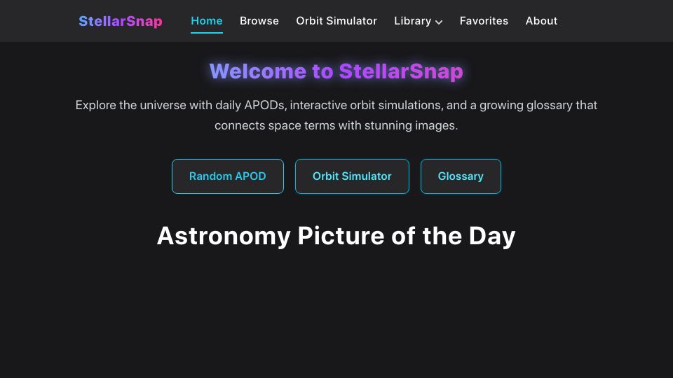 Screenshot of stellarsnap.space: Show HN: StellarSnap – Explore NASA APODs, simulate orbits, learn astronomy