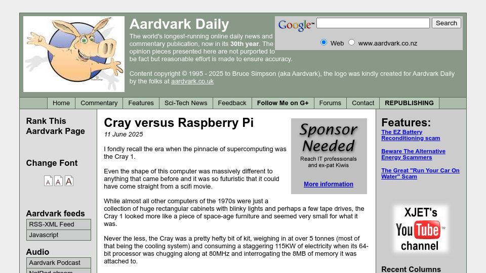 Screenshot of aardvark.co.nz: Cray versus Raspberry Pi
