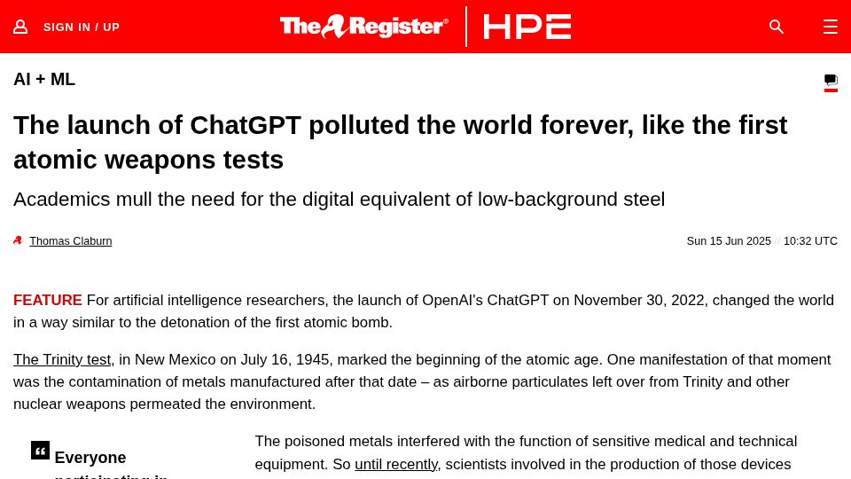 Screenshot of theregister.com: The launch of ChatGPT polluted the world forever