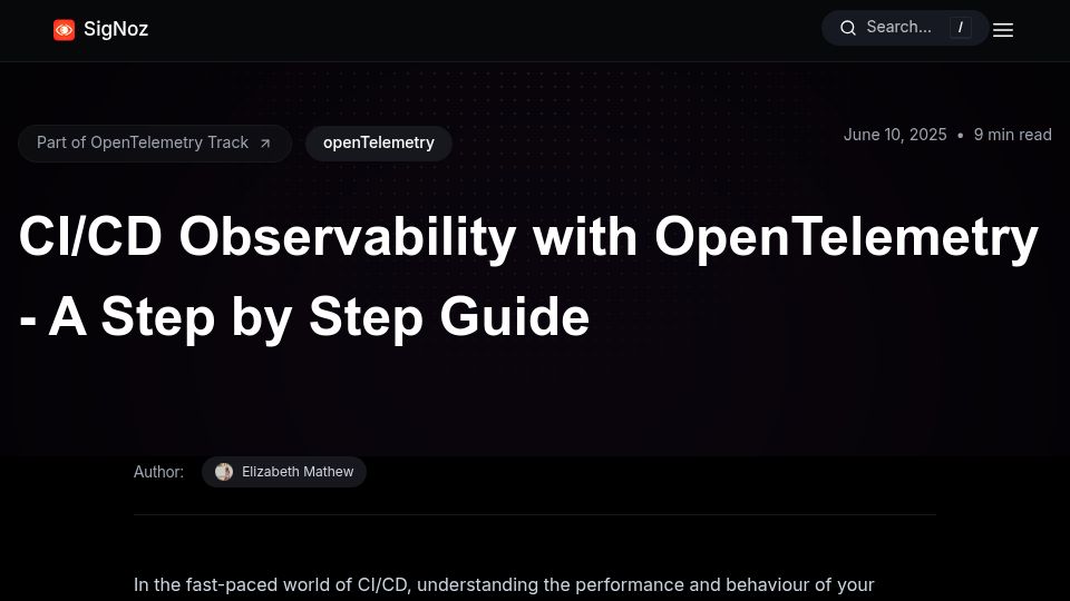 Screenshot of signoz.io: GitHub CI/CD observability with OpenTelemetry step by step guide