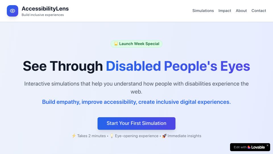 Screenshot of accessibility-lens.lovable.app: Show HN: Tool shows why 1.3B people can't use your website