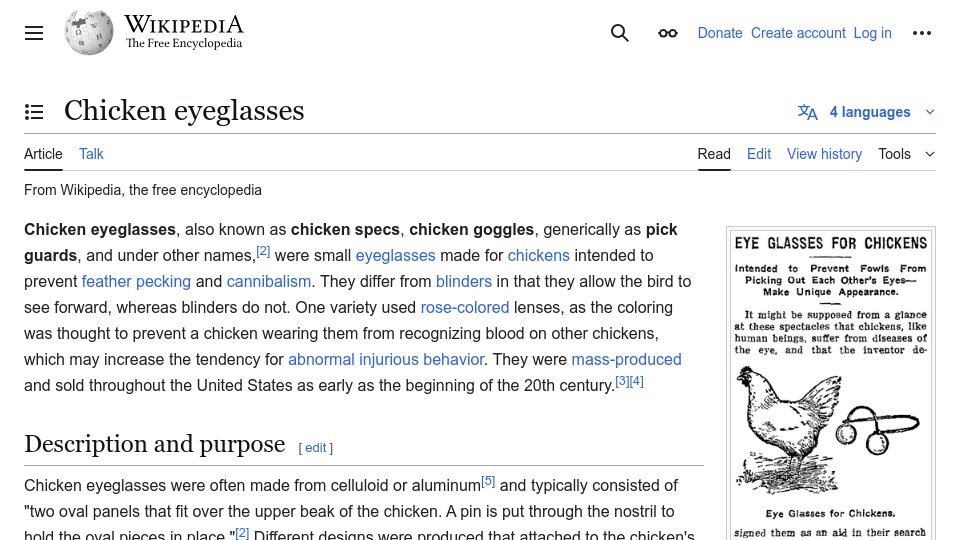 Screenshot of en.wikipedia.org: Chicken Eyeglasses