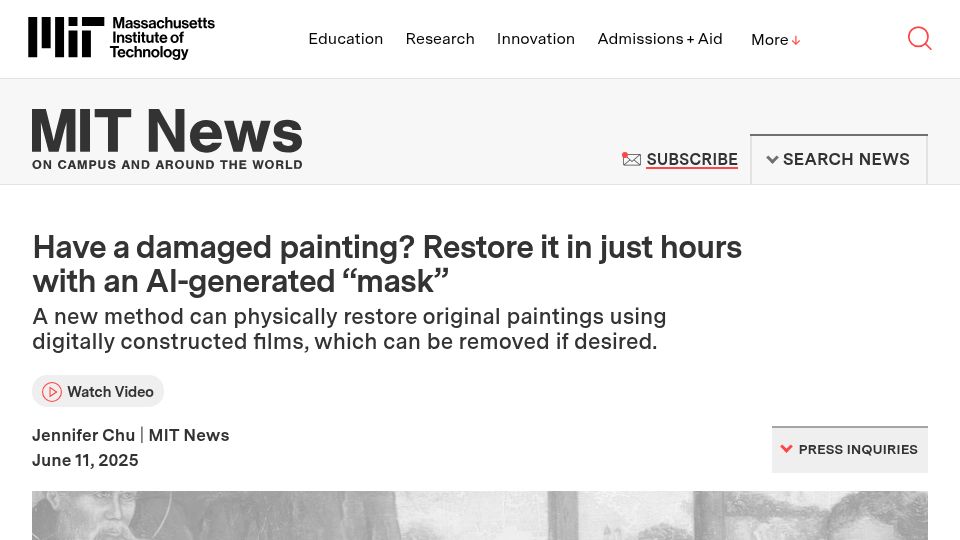 Screenshot of news.mit.edu: Have a damaged painting? Restore it in just hours with an AI-generated “mask”