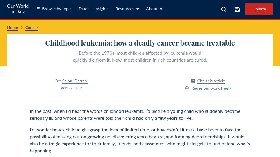 Screenshot of ourworldindata.org: Childhood leukemia: how a deadly cancer became treatable