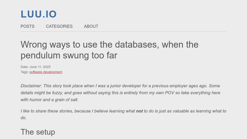 Screenshot of luu.io: Wrong ways to use the databases, when the pendulum swung too far