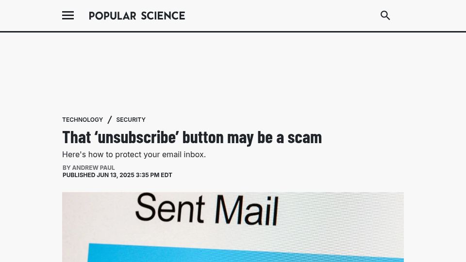 Screenshot of popsci.com: That 'unsubscribe' button may be a scam