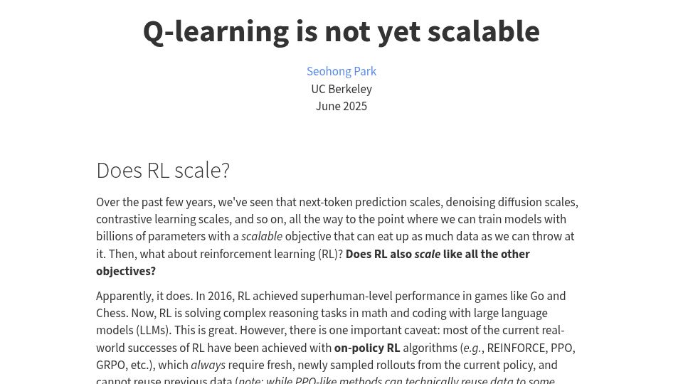 Screenshot of seohong.me: Q-learning is not yet scalable