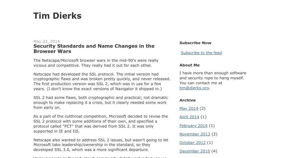 Screenshot of tim.dierks.org: Why SSL was renamed to TLS in late 90s (2014)