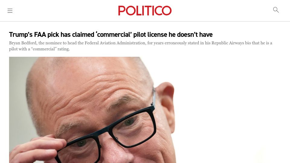 Screenshot of politico.com: FAA pick has claimed 'commercial' pilot license he doesn't have