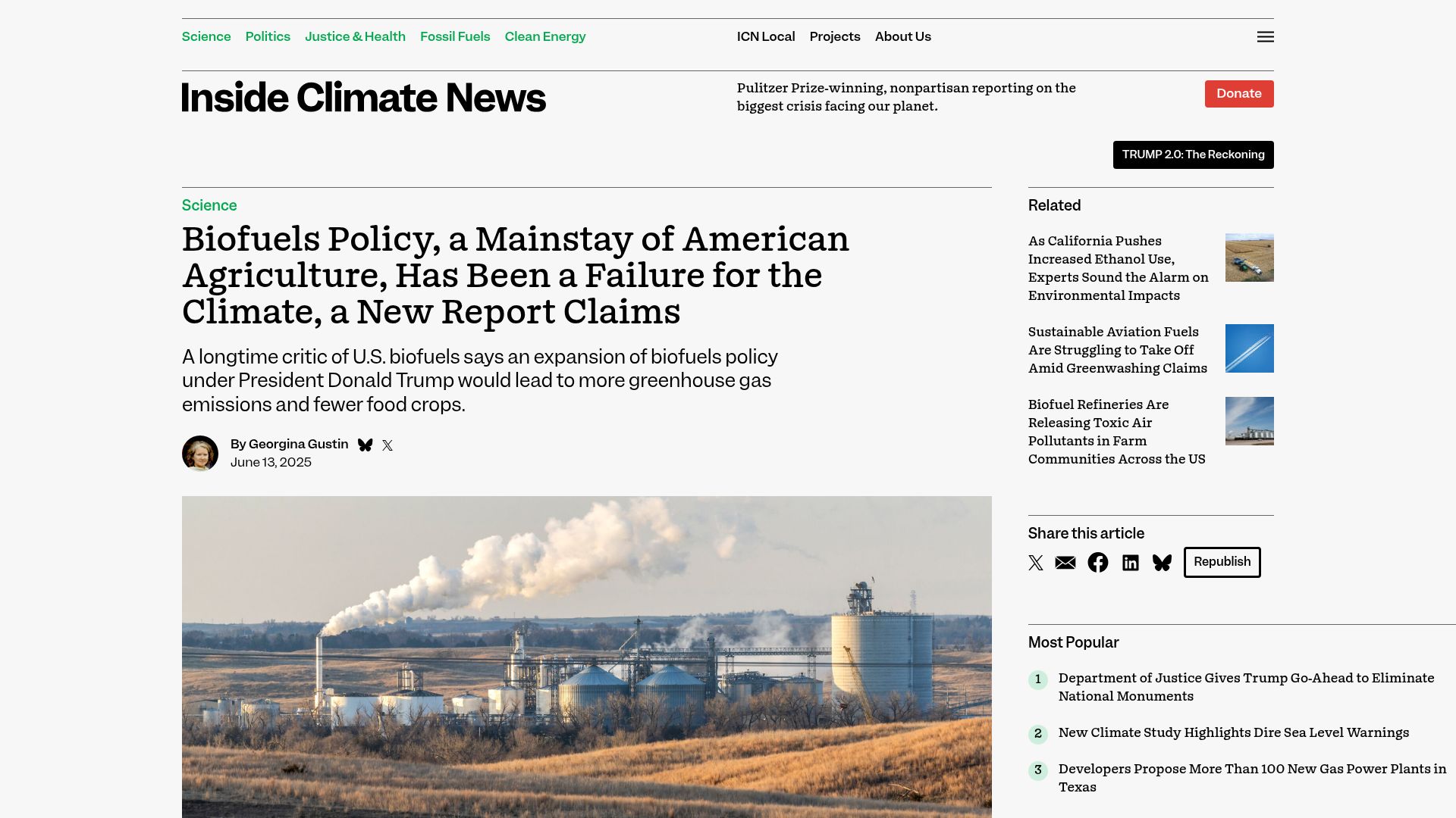 Screenshot of insideclimatenews.org: Biofuels Policy, a Mainstay of American Agriculture, a Failure for the Climate