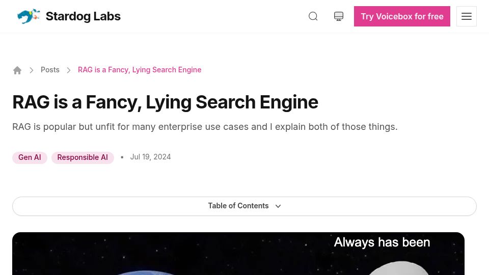 Screenshot of labs.stardog.ai: RAG Is a Fancy, Lying Search Engine
