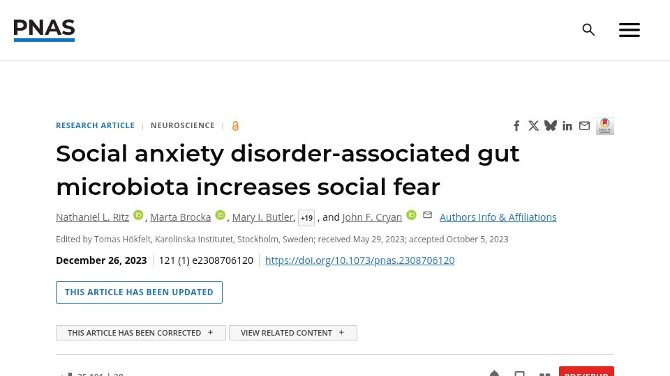 Screenshot of pnas.org: Social anxiety disorder-associated gut microbiota increases social fear