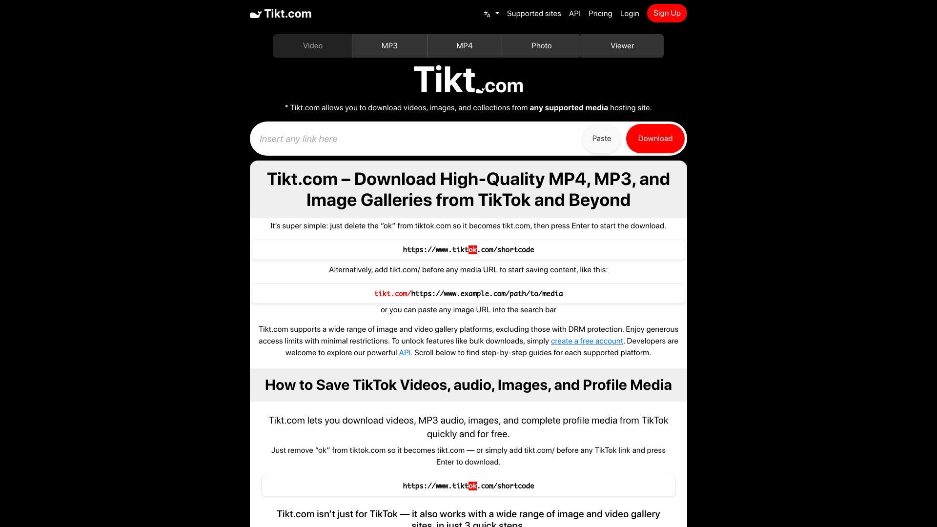 Screenshot of tikt.com: Show HN: Tikt.com – Remove the "OK" from TikTok URL's to Download as MP3 or MP4