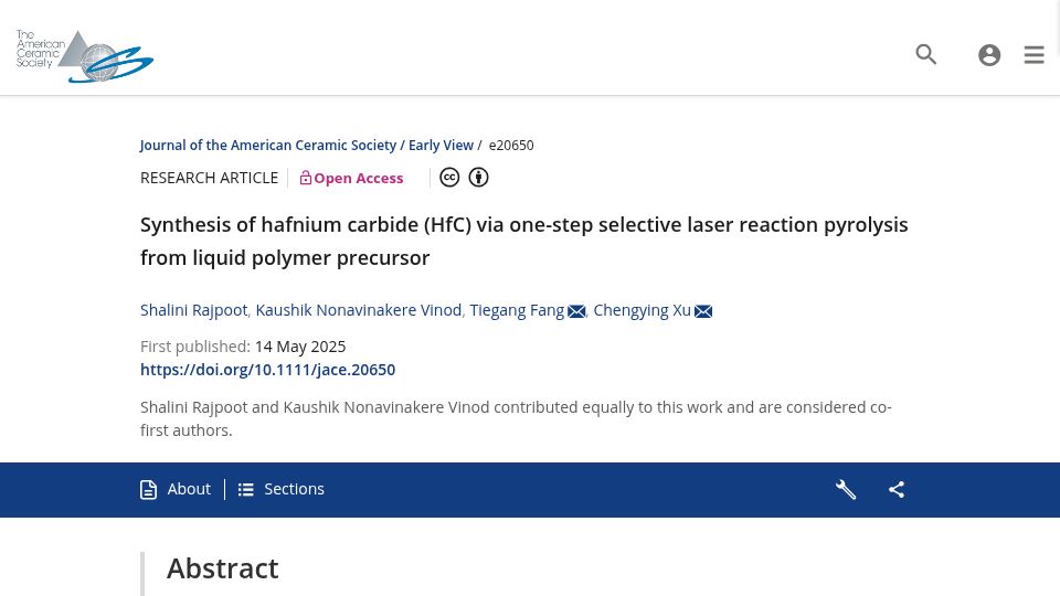 Screenshot of ceramics.onlinelibrary.wiley.com: Synthesis of hafnium carbide via one-step selective laser reaction pyrolysis