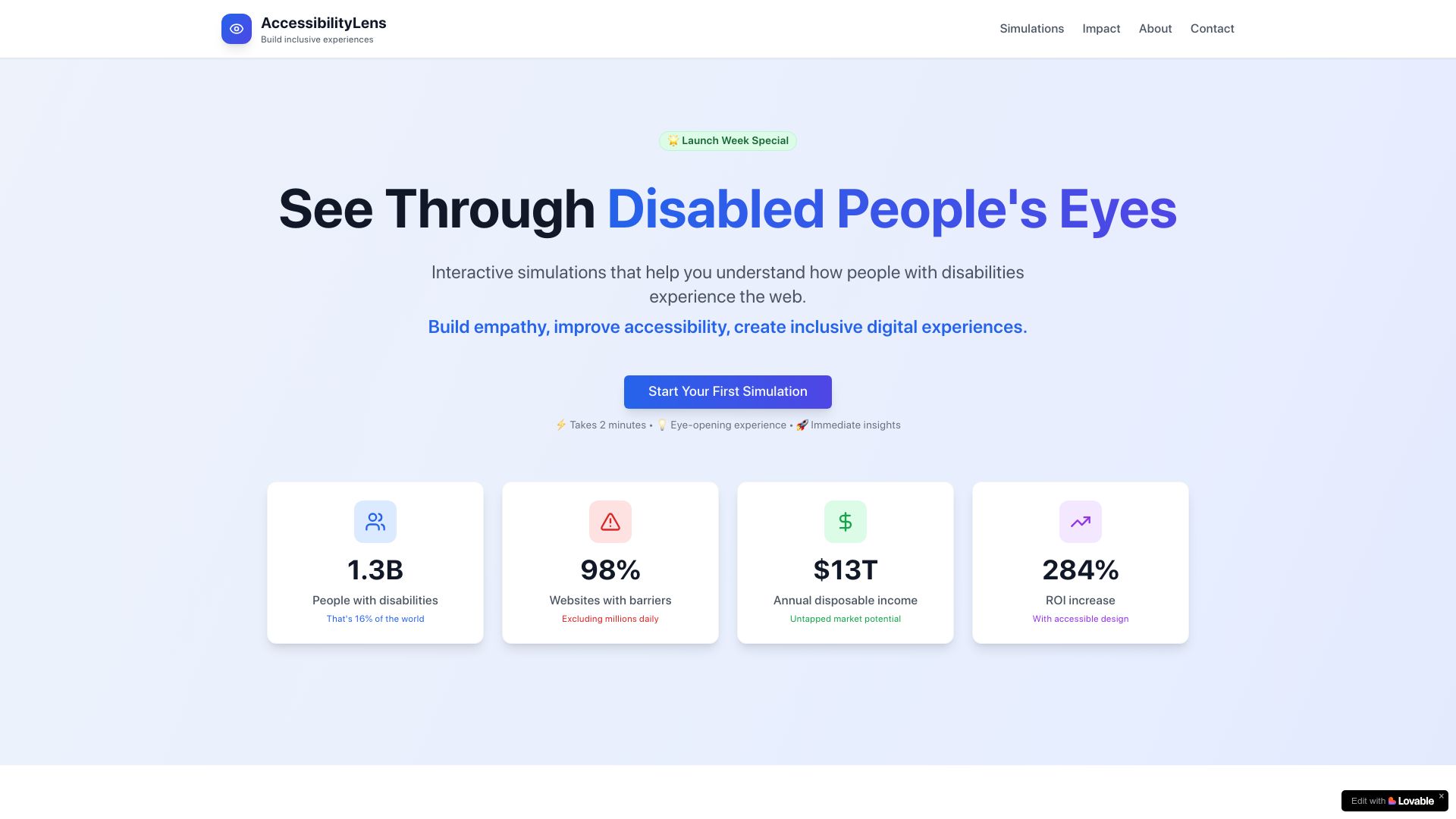 Screenshot of accessibility-lens.lovable.app: Show HN: Tool shows why 1.3B people can't use your website