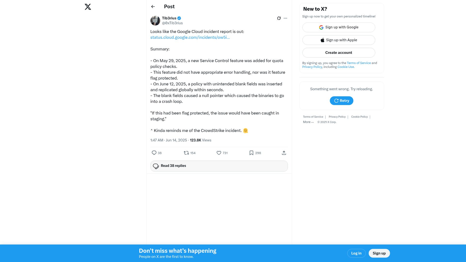 Screenshot of twitter.com: Root Cause of the June 12, 2025 Google Cloud Outage