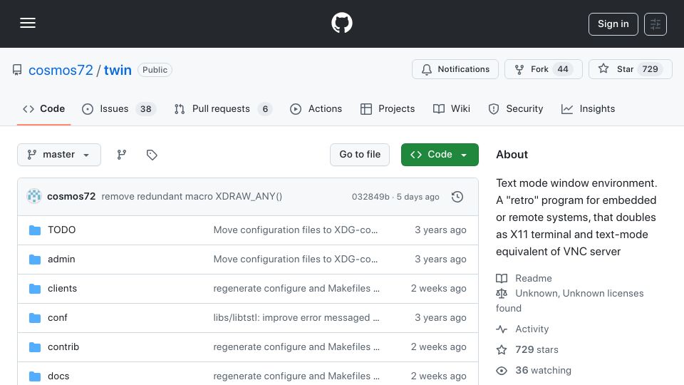 Screenshot of github.com: Twin – A Textmode WINdow Environment