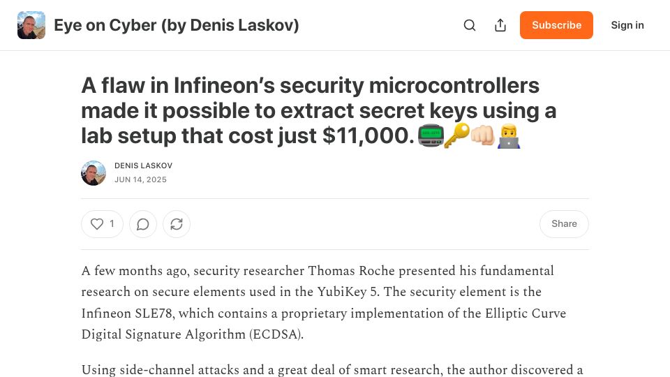 Screenshot of it4sec.substack.com: Infineon security microcontroller flaw enabled extraction of TPM secret keys